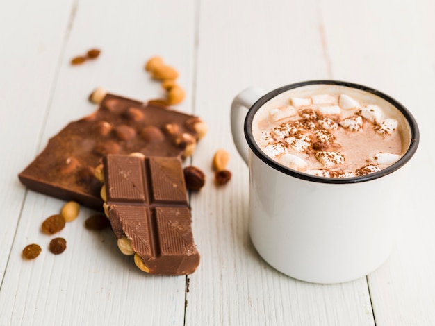 Cup of cocoa next to chocolate bar