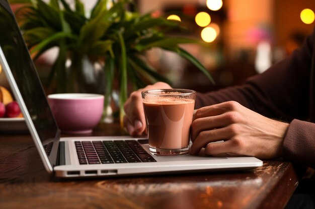 Photo a cup of cocoa in male hands on the background of a laptop