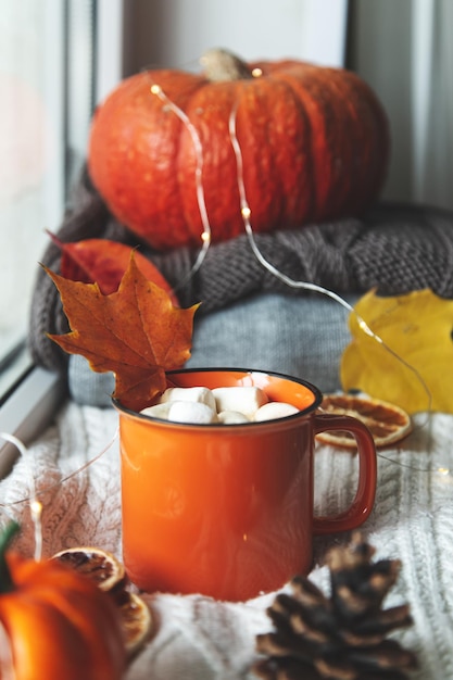 Tazza di foglie autunnali di zucca di cacao e una coperta lavorata a maglia sul davanzale