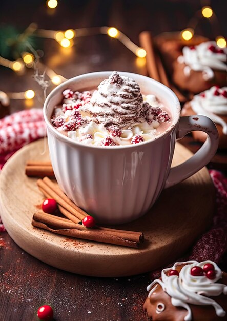 A cup of cocoa with marshmallows on a New Year's table on a wooden background Cozy Christmas vertical card