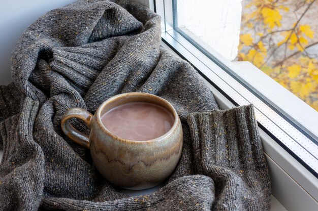 A cup of cocoa wrapped in a sweater on the windowsill