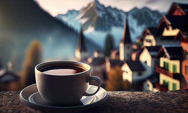 Cup of cofee on background of alpine village and mountains generative AI