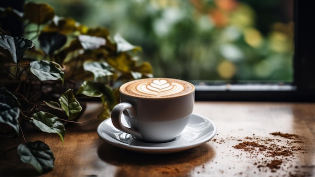 A cup of coffe latte near window