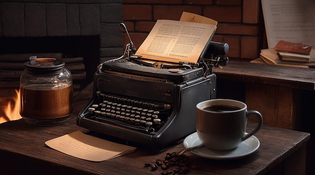 A cup coffe with a type riter in a table