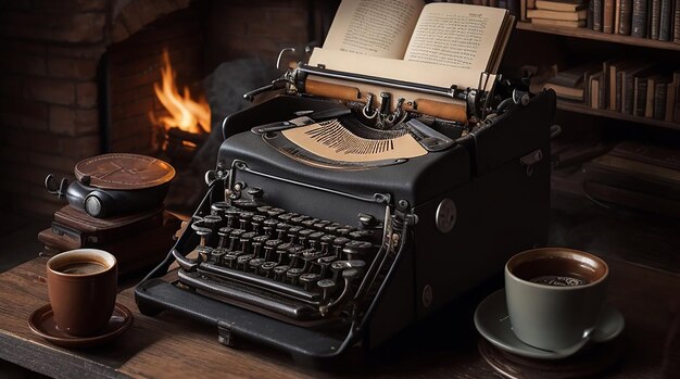 A cup coffe with a type riter in a table