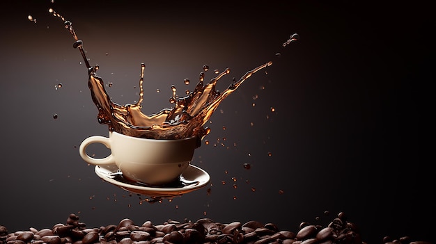 A cup of coffee accompanied by scattered coffee beans the essence of a caffeineinfused delight