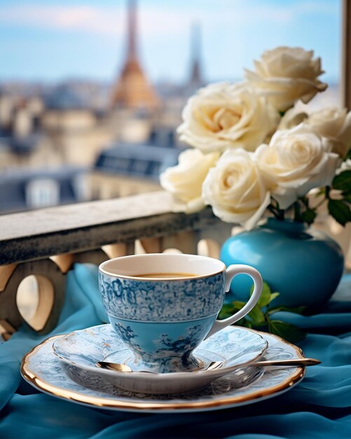 Photo cup of coffee adorned with floral motif