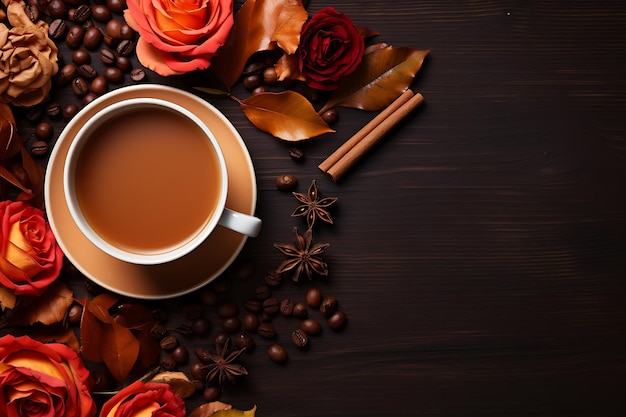 Cup of coffee and autumn flowers on brown background flat lay