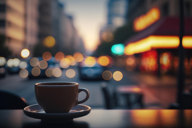 ぼやけた街の背景に一杯のコーヒー