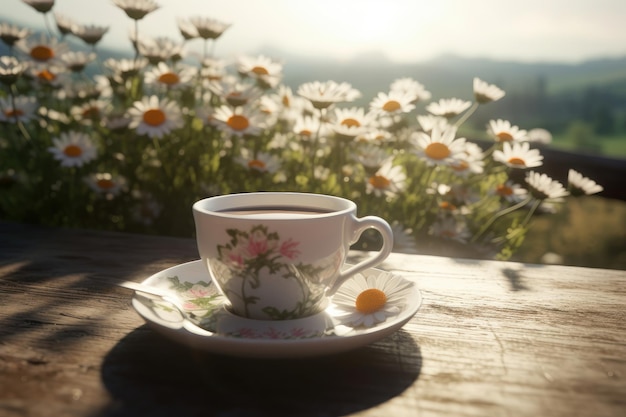 Cup of coffee on background of natural flowers