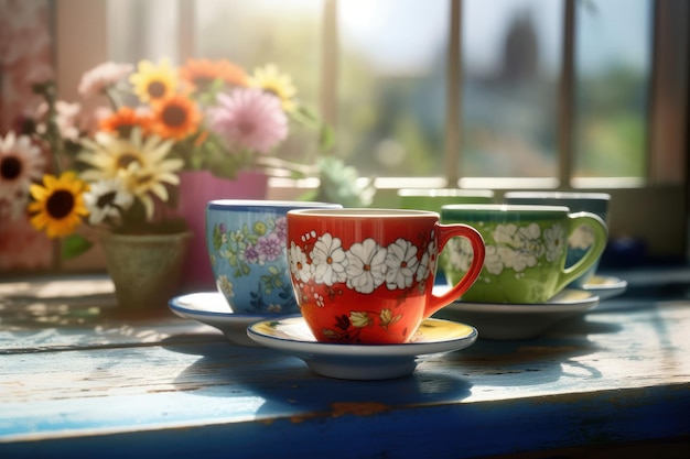 Чашка кофе на фоне живых цветов