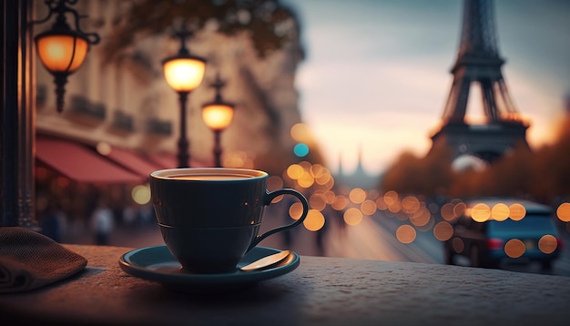 Чашка кофе на заднем плане Париж Эйфелева башня. Генеративный ИИ,