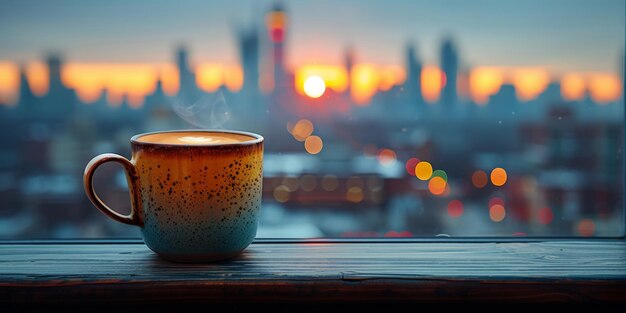 Cup of coffee on the balcony with view on the city skyline