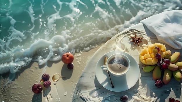 Cup of coffee on the beach with fresh fruits Generative AI illustrations