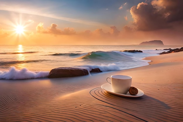 A cup of coffee on the beach with a plate of food and a plate of food