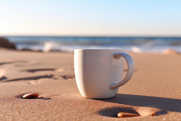 A cup of coffee on the beach with the sea in the background