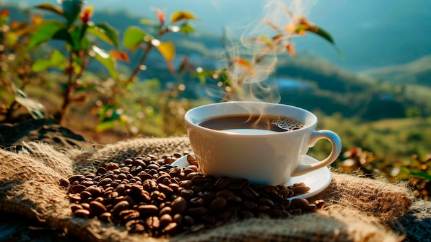 a cup of coffee beans against the background of a coffee plantation Selective focus