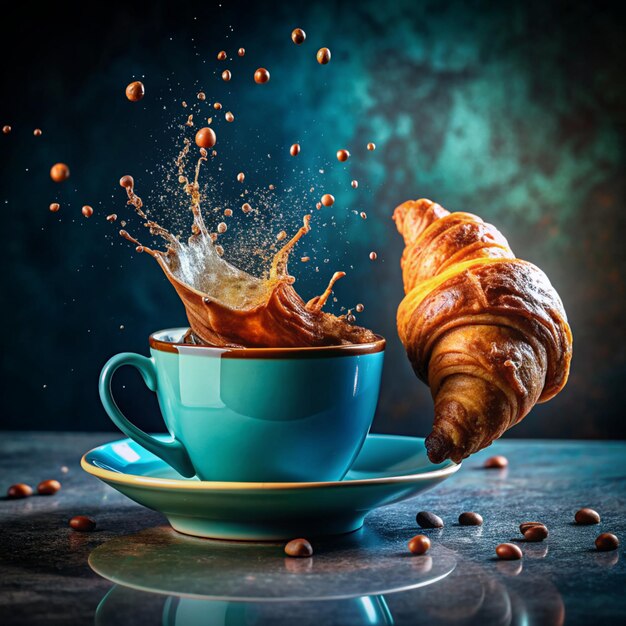 a cup of coffee and beans and croissant on a blue table premium coffee design World Coffee Day