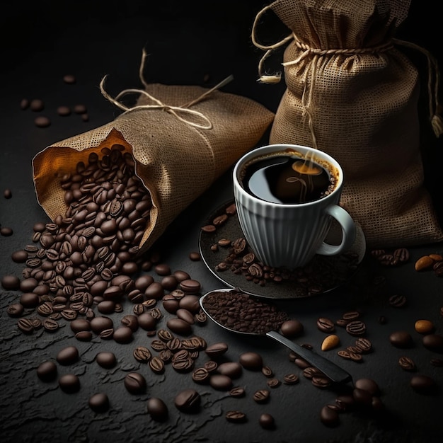 cup of coffee beans on a sack on dark background