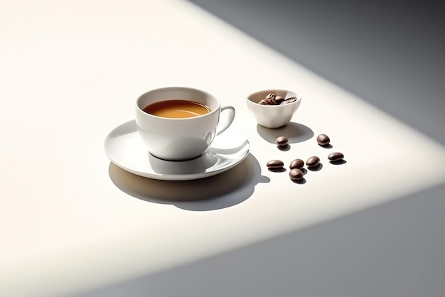 Cup of coffee and beans on white background with sunlight and shadows