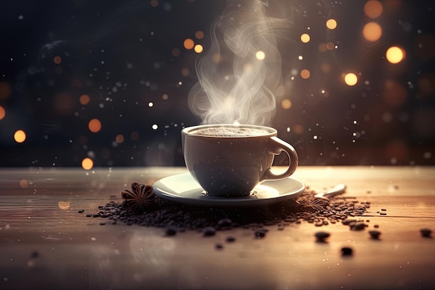 Cup and coffee beans on the wooden table with blurred background and boken lights