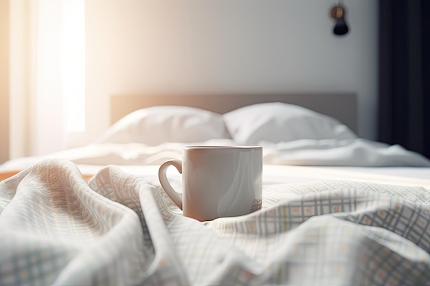 Cup of coffee on bed with warm plaid Copy space Flat lay top view