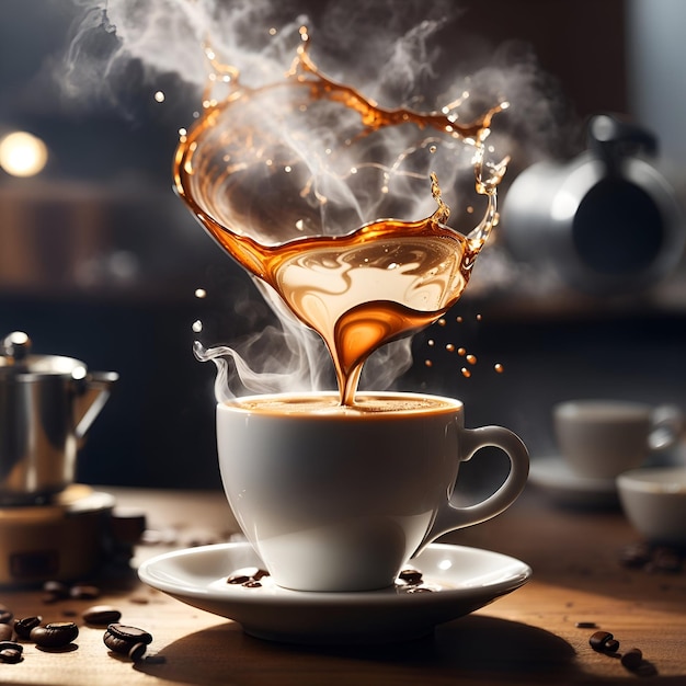 表面から蒸気が上がって香りを捕まえるコーヒーを注ぐ