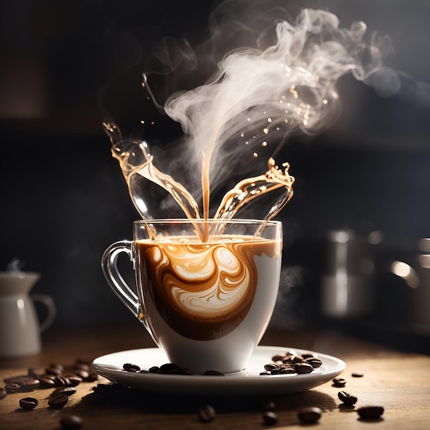 A cup of coffee being poured with steam rising from the surface and capturing the aroma