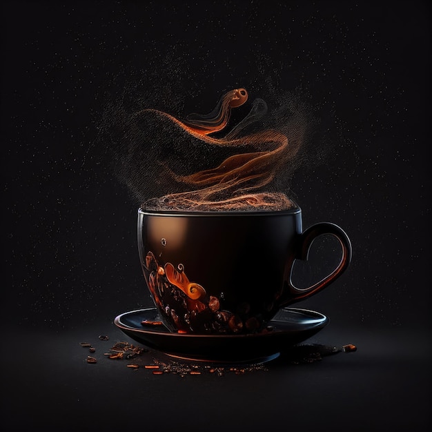 Cup of coffee on black background Fresh aroma italian espresso with steam Hot chocolate illustration