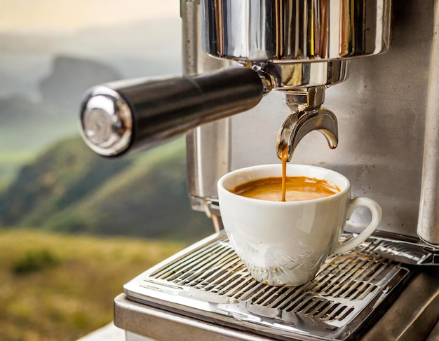 cup of coffee black hot drink being poured into a coffee machine