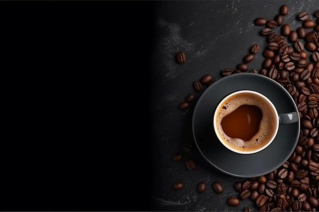 Чашка кофе на черной поверхности, вид сверху, генеративный AI