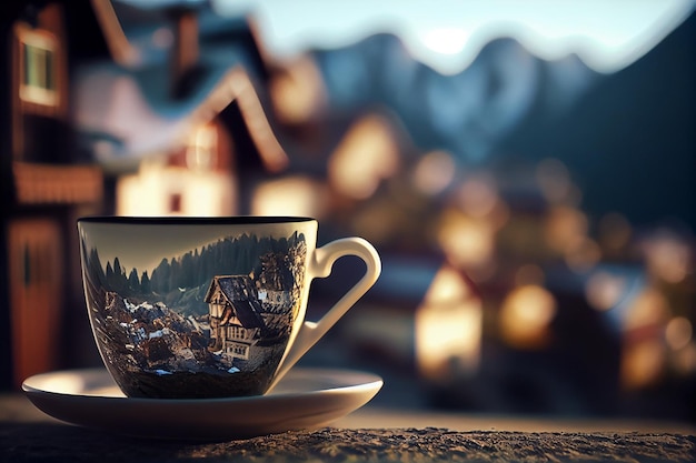 Чашка кофе на размытом фоне альпийской деревни.
