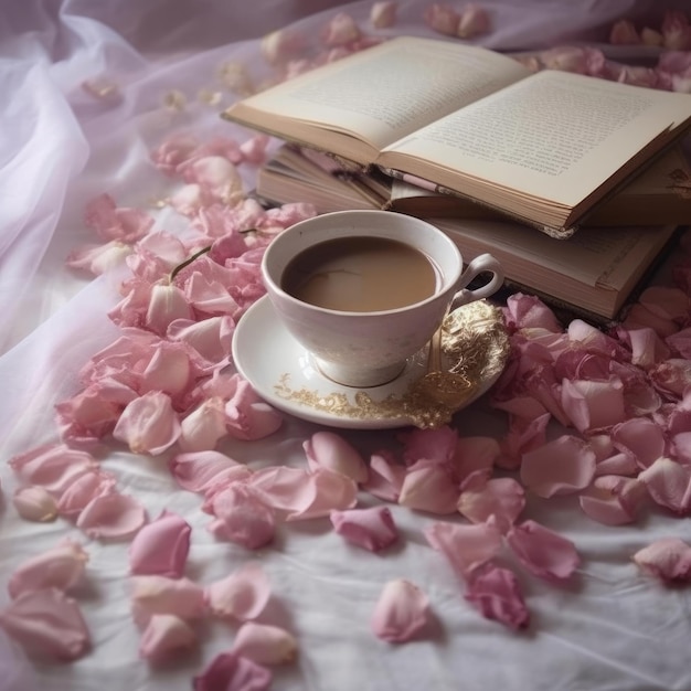 A cup of coffee and a book on a bed with petals on the floor