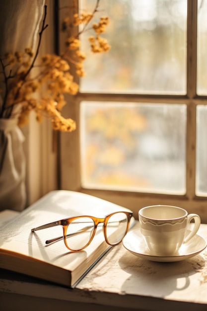 Cup of coffee and book beige background