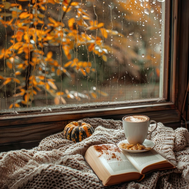 a cup of coffee and a book on a blanket with a book on it