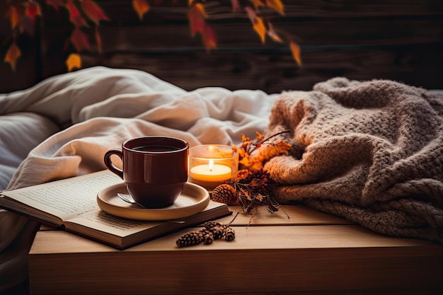 A cup of coffee and a book on a blanket with the words " autumn " on it.