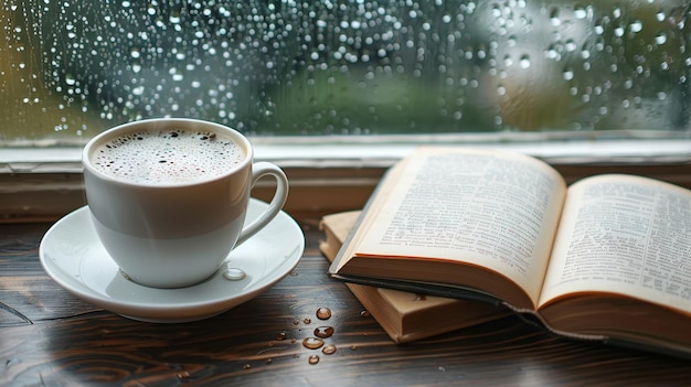 a cup of coffee and a book on a table