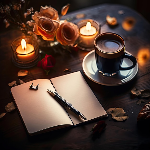 a cup of coffee and a book with a pen on it