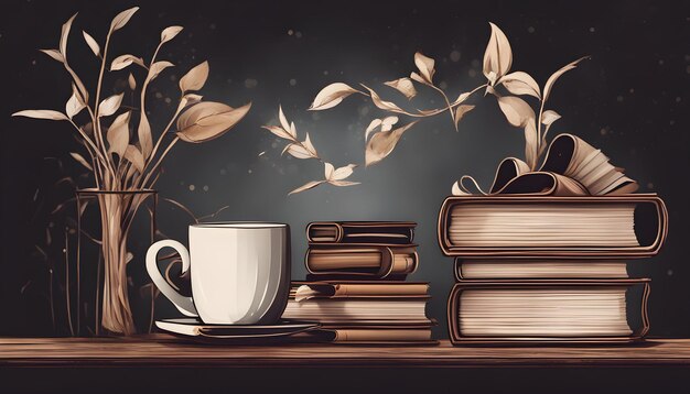 Photo a cup of coffee and a book with a plant on the top