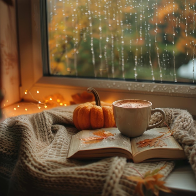 a cup of coffee and a book with a pumpkin on it