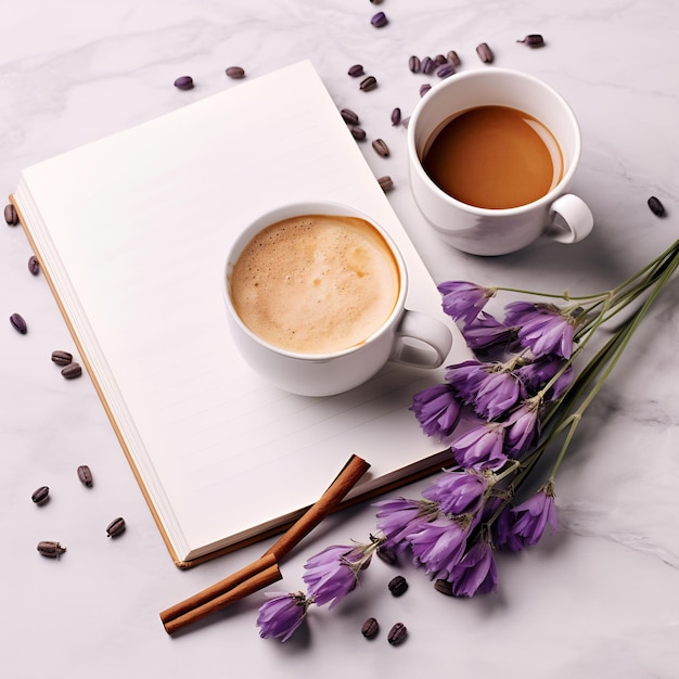 コーヒーのカップと紫の花の本