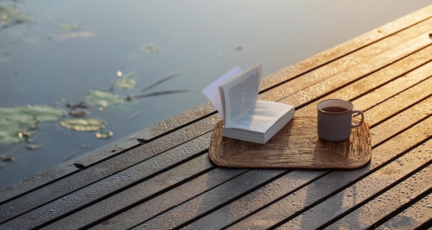 cup of coffee and book on wooden pier on summer lake