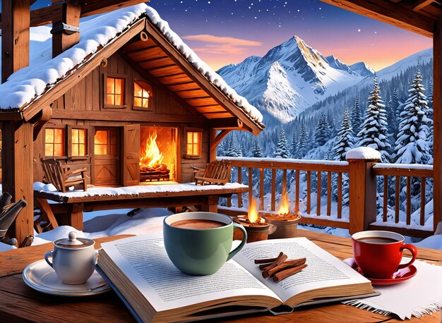 눈 인 오두막에 나무 테이블에 커피 한 잔과 책