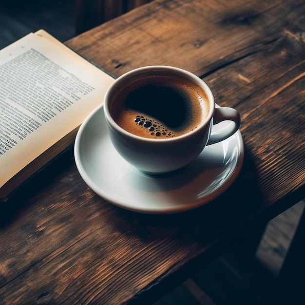 A cup of coffee and a book on a wooden table