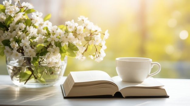 cup of coffee and books on windowsill with blossoming tulips bouquet