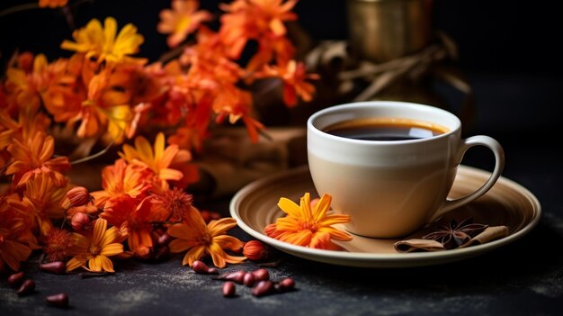 A cup of coffee and a bouquet of autumn flowers autumn still life with autumn flowers and pumpkins