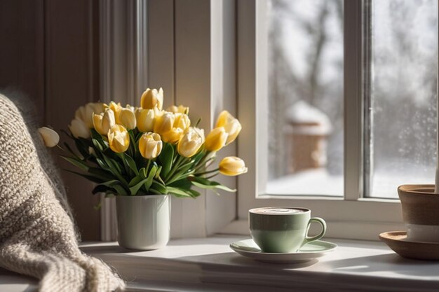 Foto una tazza di caffè un bouquet di fiori sulla finestra in un soleggiato giorno d'inverno accogliente natura morta