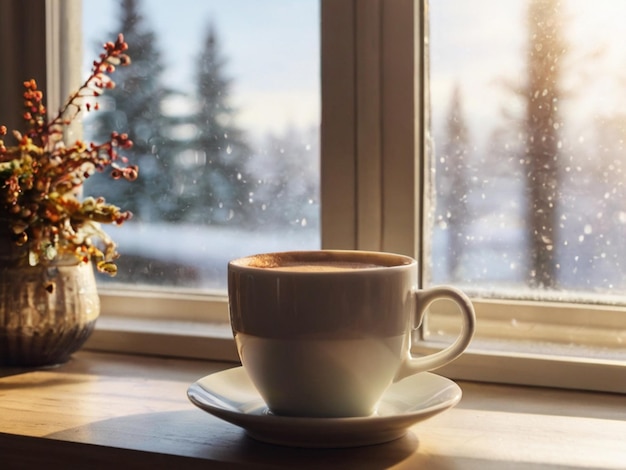 Photo a cup of coffee a bouquet of flowers on the window on a sunny winter day cozy still life