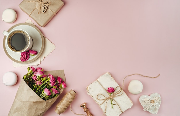 Cup of coffee and bouquet of spring flowers