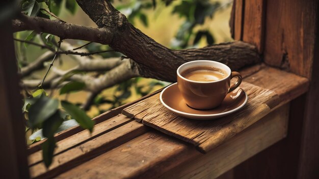 Cup of coffee branch of tree wooden windowsill